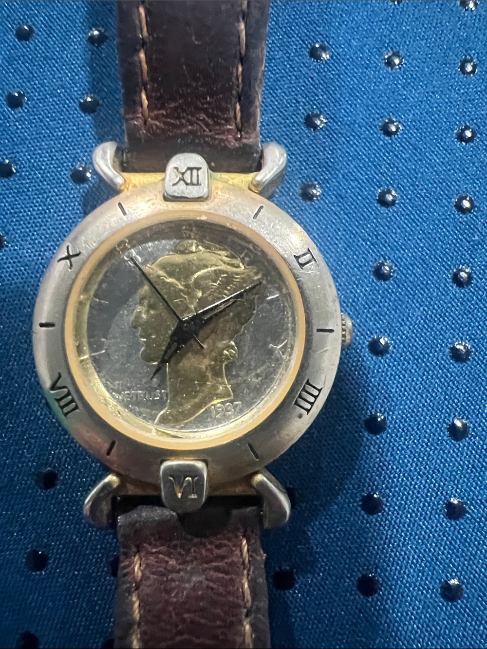 Gold-Tone Coin-Style Watch with Dark Brown Leather Strap